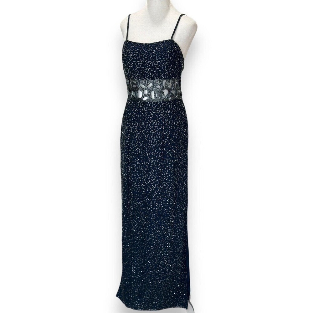 Vtg 90’s Dress Gown Sean Collection Sz L 100% Silk Blue Beaded Prom Even…